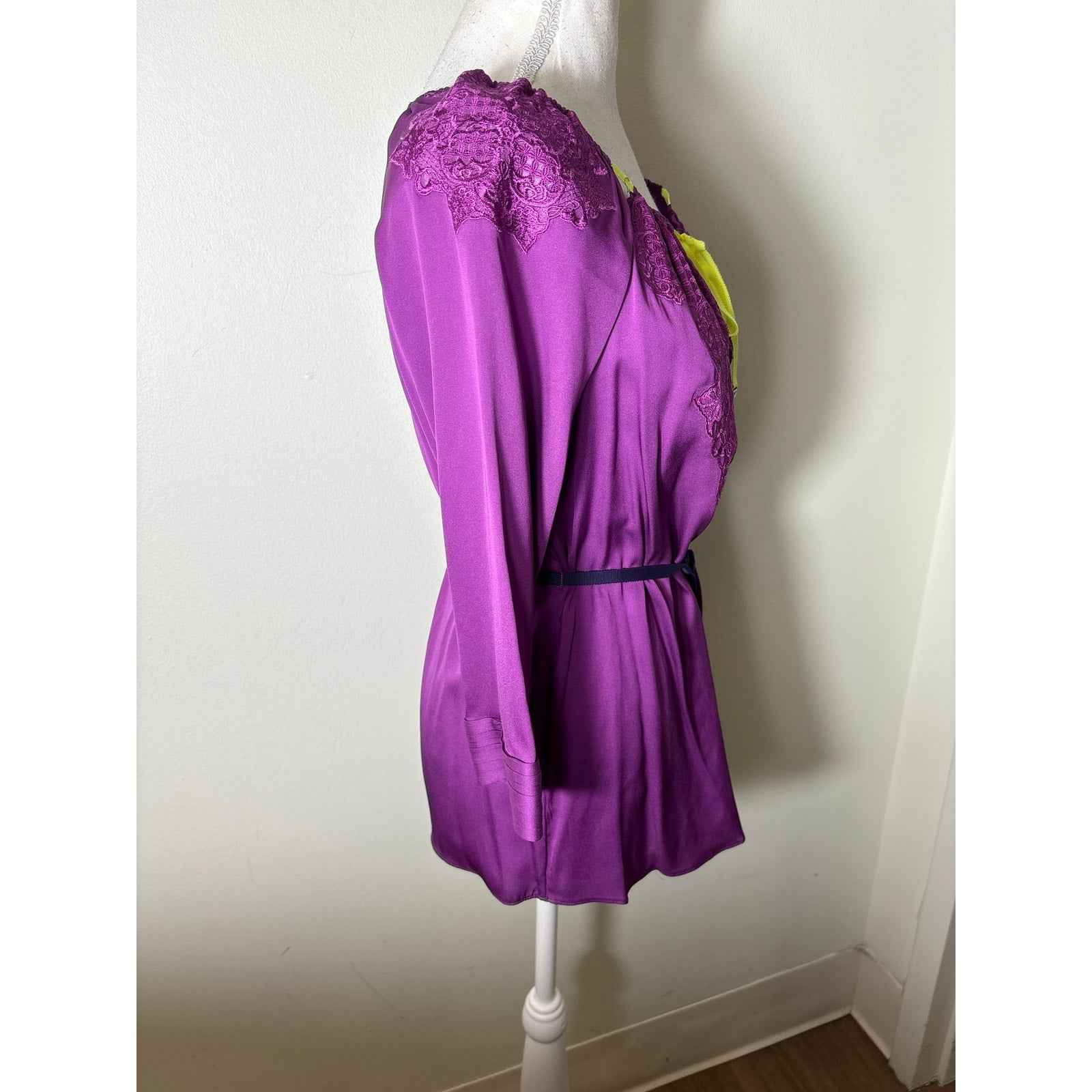 Elie Tahari Purple and Neon Yellow Long Sleeve Embroidered Silk Blouse Sz XS