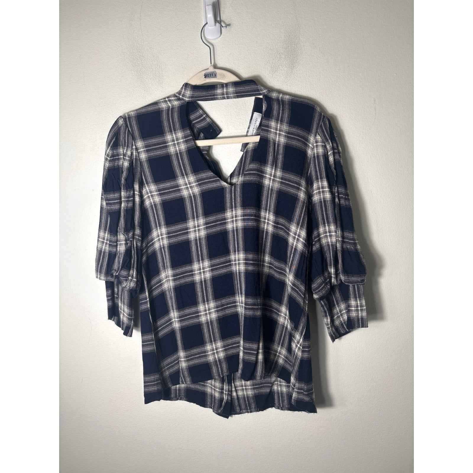 Waverly Gray Navy Blue Large Plaid 3/4 Sleeve Shirt Sz S