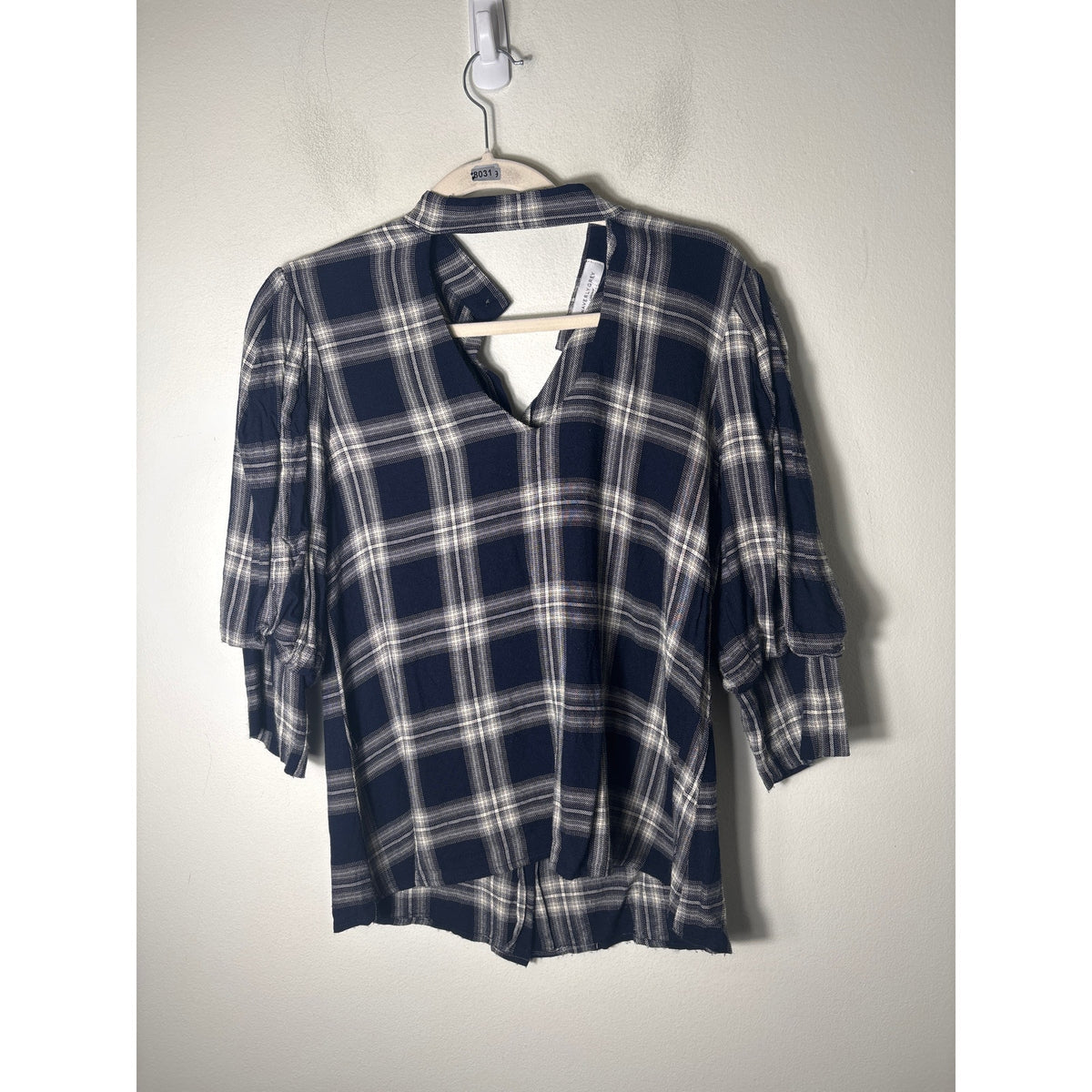 Waverly Gray Navy Blue Large Plaid 3/4 Sleeve Shirt Sz S