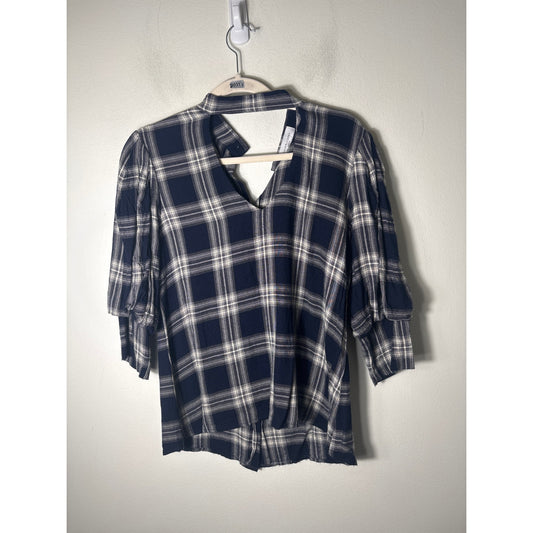 Waverly Gray Navy Blue Large Plaid 3/4 Sleeve Shirt Sz S