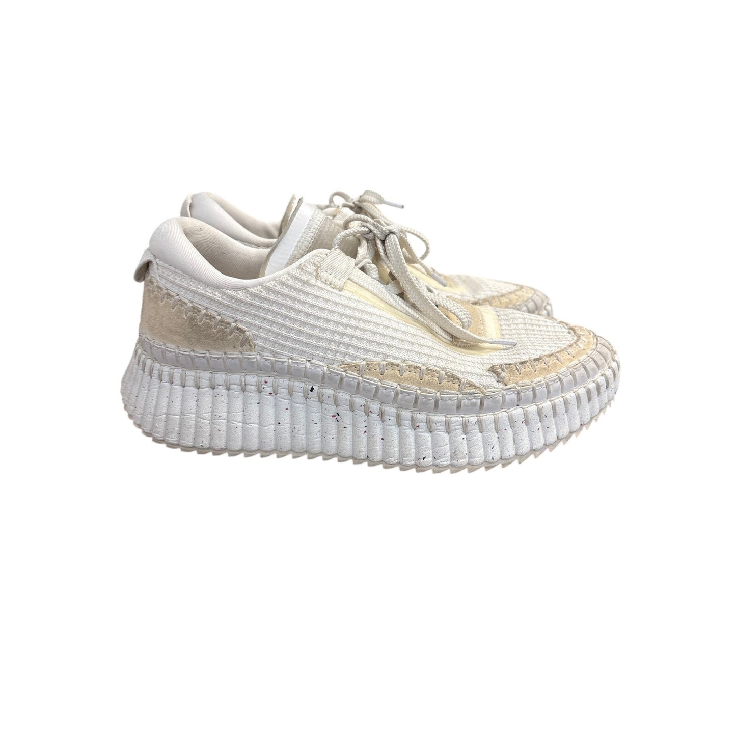 Chloe Leather and Woven Canvas Stacked Tennis Shoes Sz 8/8.5