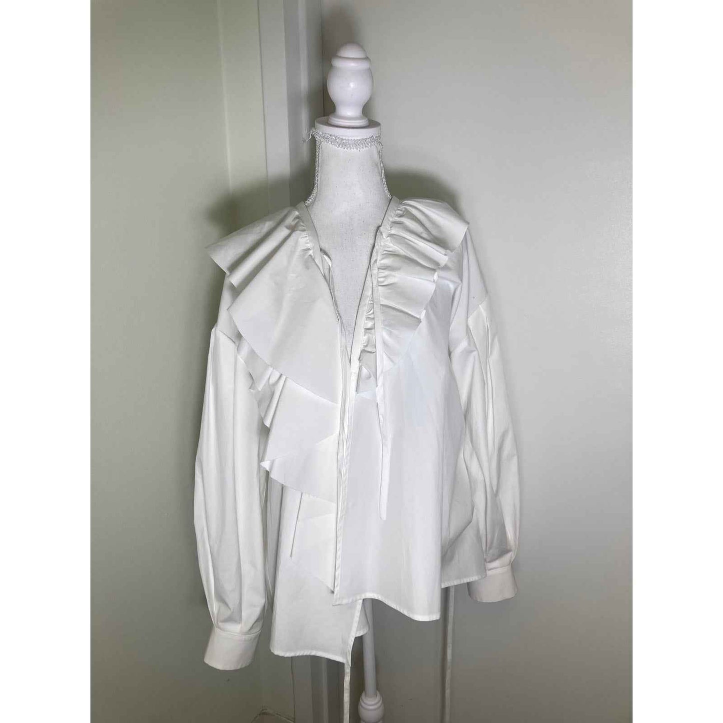 MSGN Milano White Cotton Long Sleeve Tie Front Ruffle Top