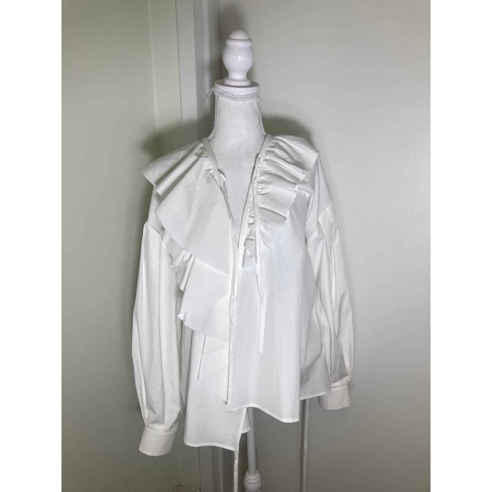 MSGN Milano White Cotton Long Sleeve Tie Front Ruffle Top