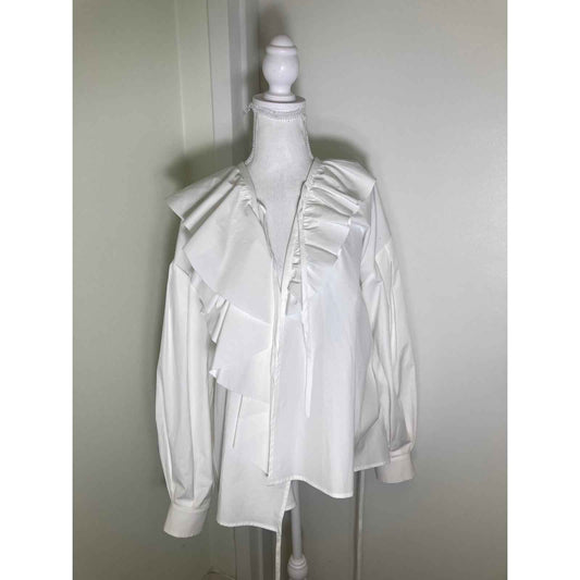 MSGN Milano White Cotton Long Sleeve Tie Front Ruffle Top