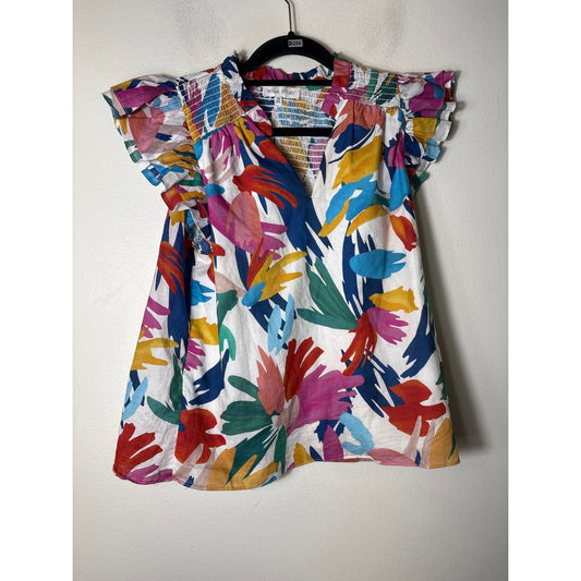 Willa Story Multicolor Flutter Sleeve Smocked Cotton Top Sz XS