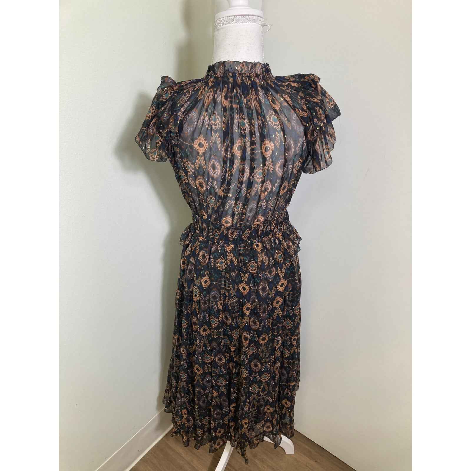 Ulla Johnson Silk Blend Black and Brown Print Maxi Sz 2