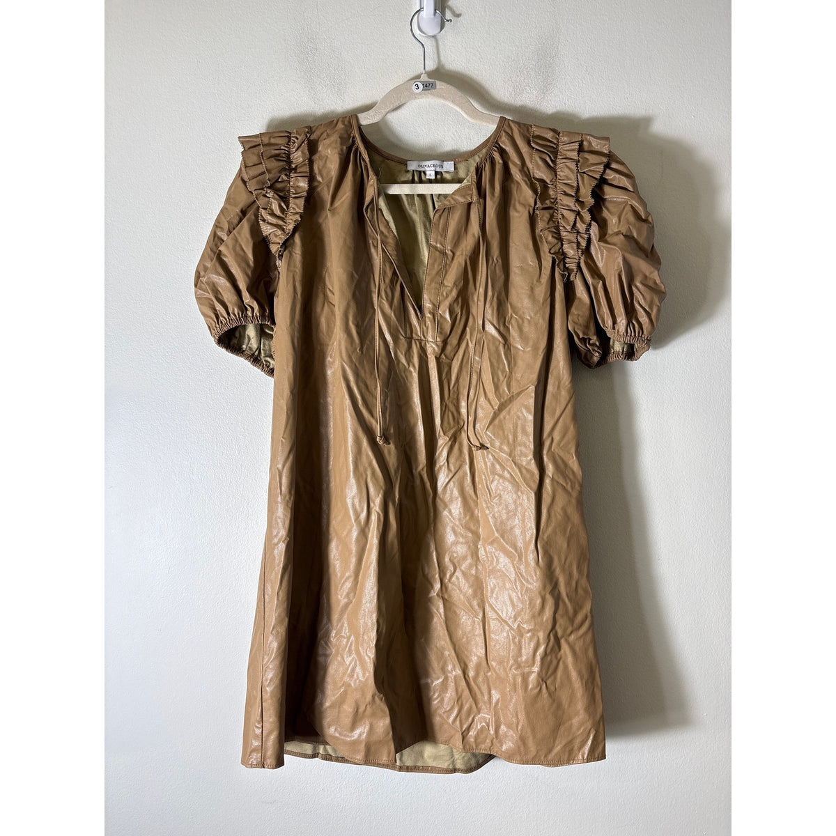 Oliveaceous Light Brown Faux Leather Short :Puff Sleeve Mini Dress Sz L