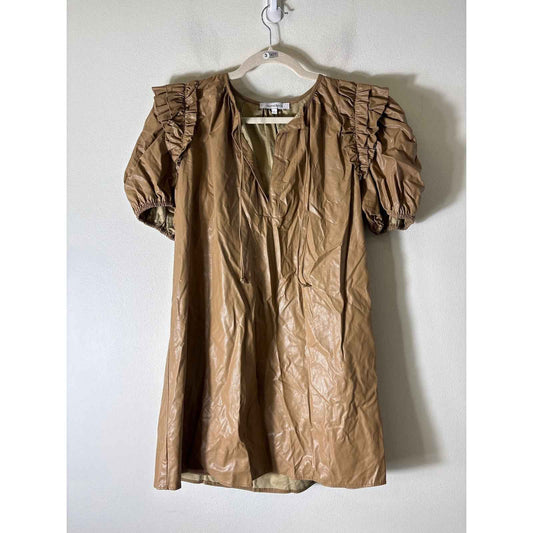 Oliveaceous Light Brown Faux Leather Short :Puff Sleeve Mini Dress Sz L