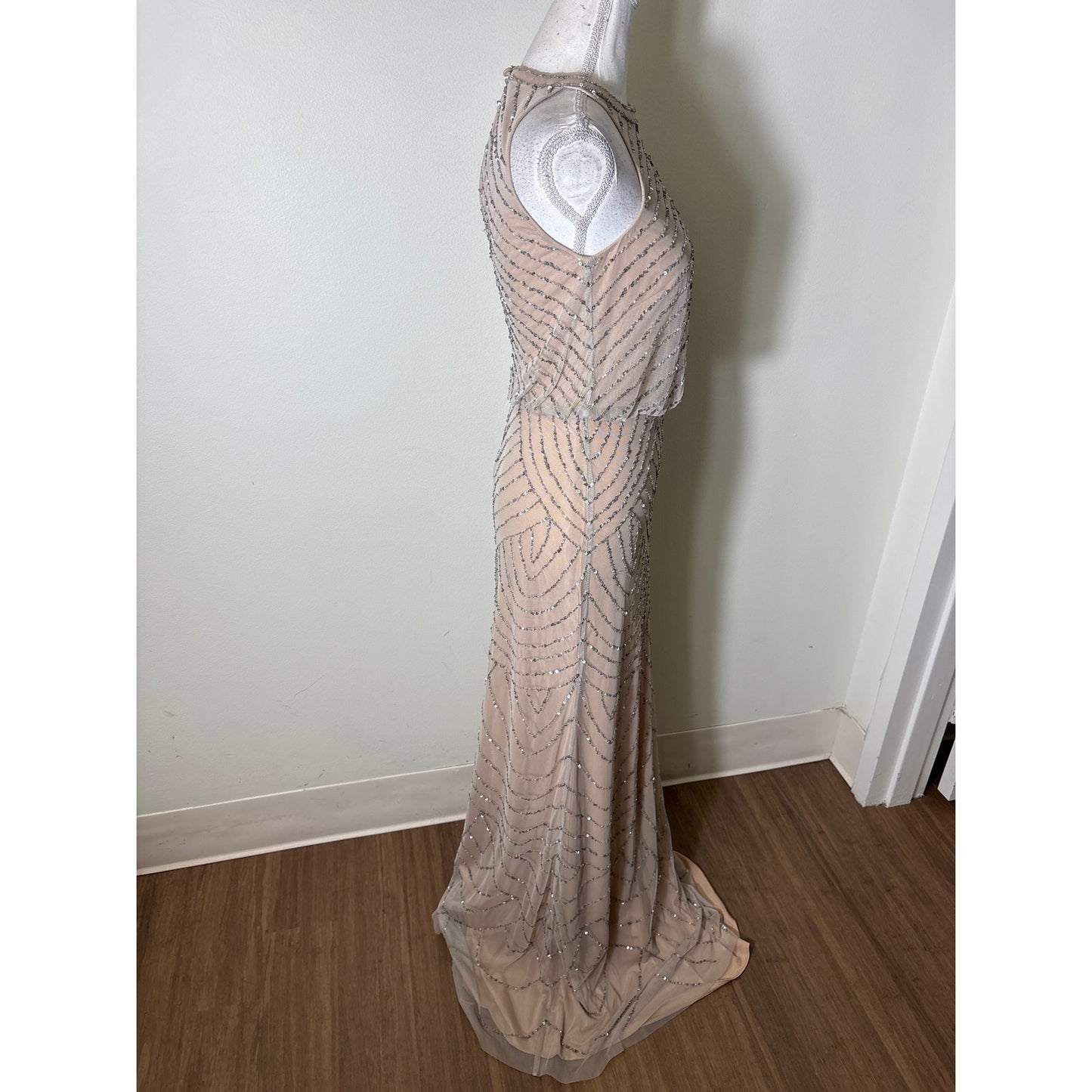 NWT Adrianna Papell Silver Sequin Nude Halter Gown Sz 0