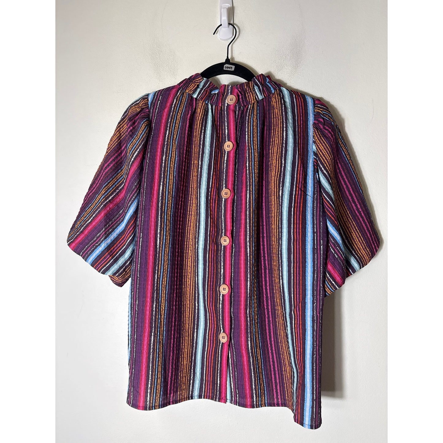 THML Multicolor Stripe Half Puff Sleeve High Collar Top Sz L