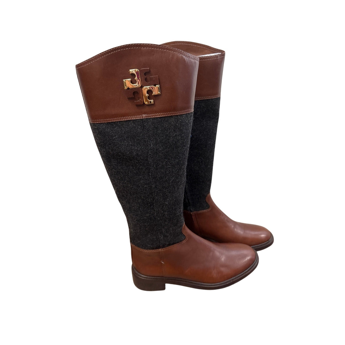 Tory Burch Brown and Charcoal Mixed Media Lowell Riding Boots Sz 8