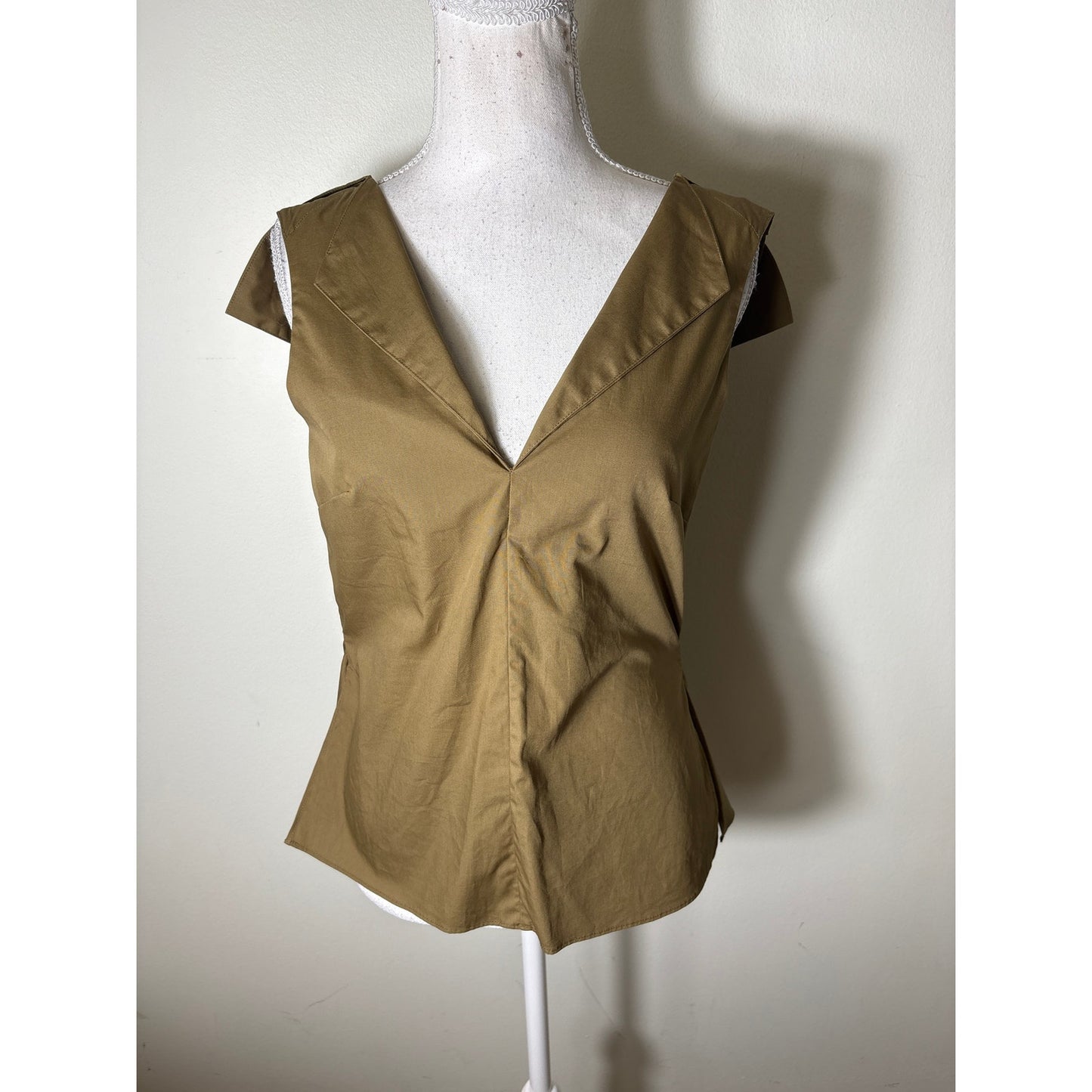 Foemina Green Brown Cotton Sleeveless Fitted Collared Tank Sz 8