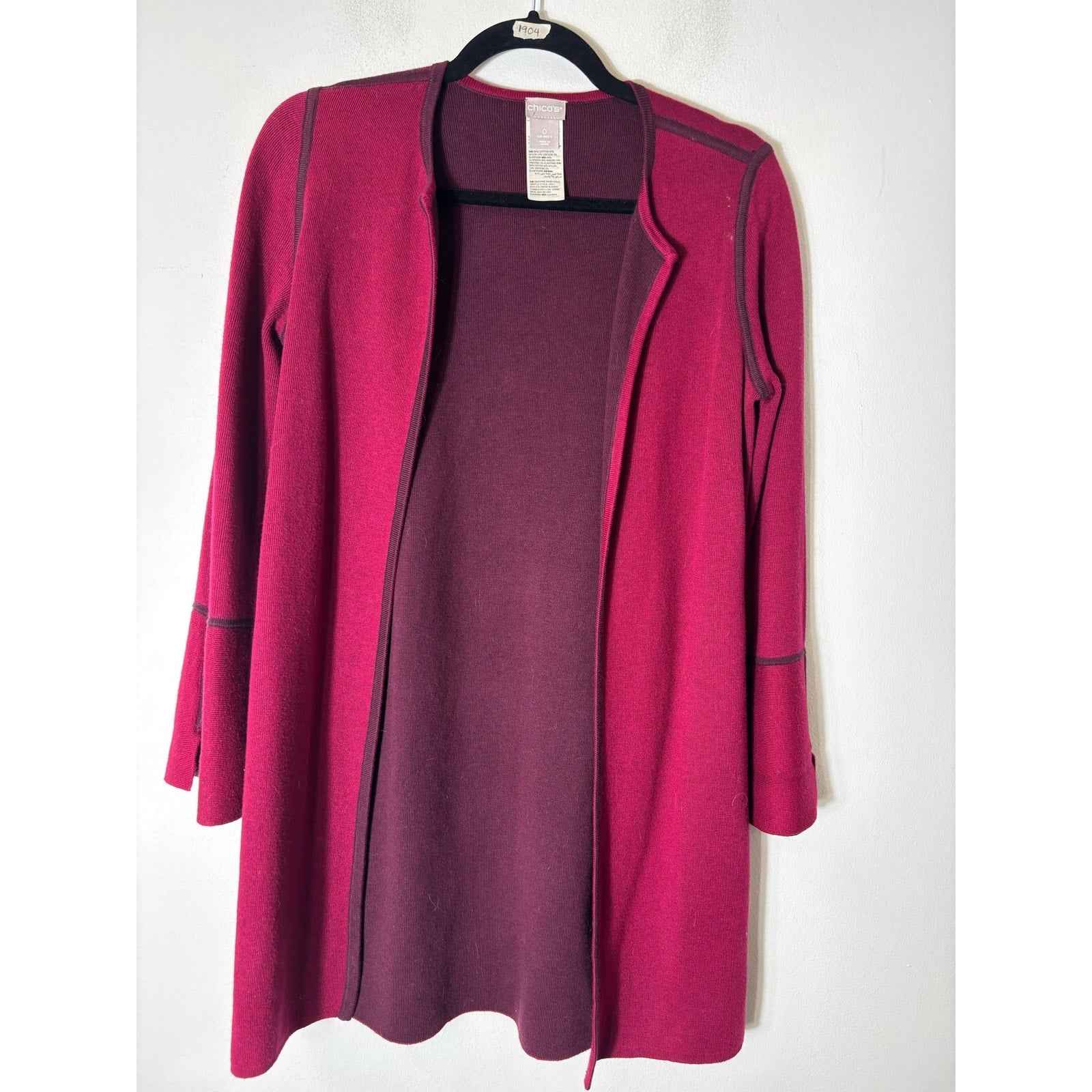 Chico's Red Maroon Long Knit Cardigan Long Sleeves Sz 0 (4)