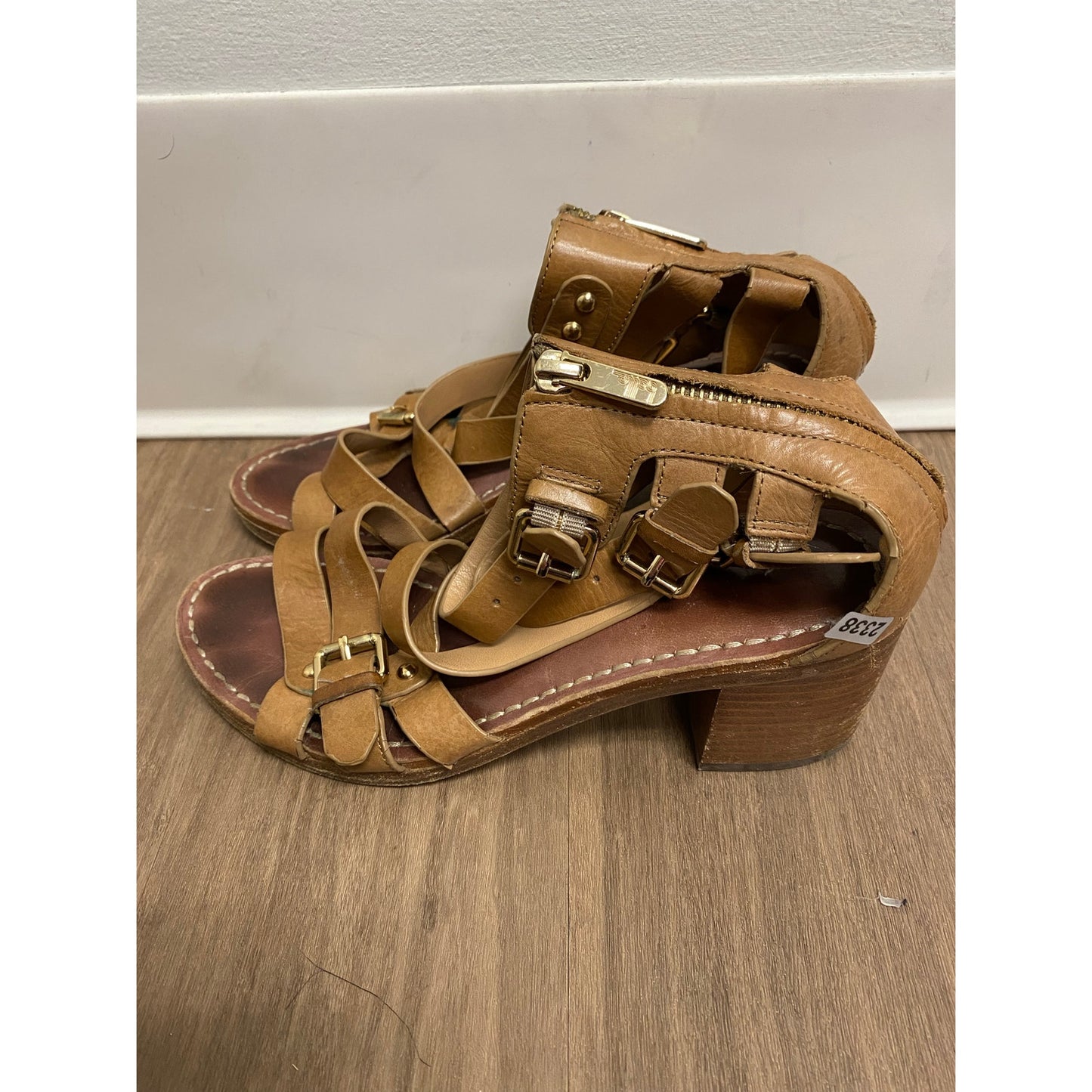 Belle Brown Leather Block Heeled Strappy Sandal Sz 8
