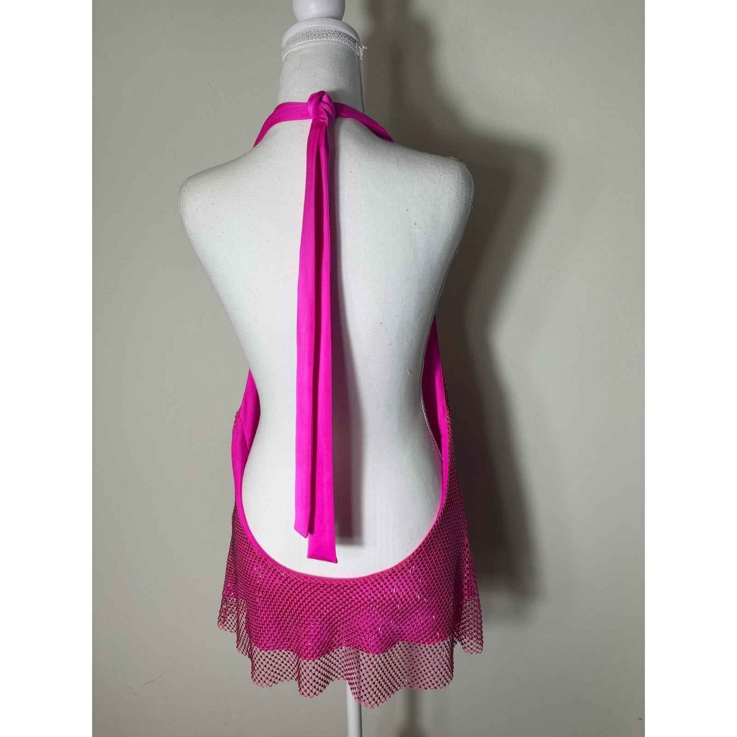 Amanda Uprichard Hot Pink Sequin Fishnet Halter Top Sz L