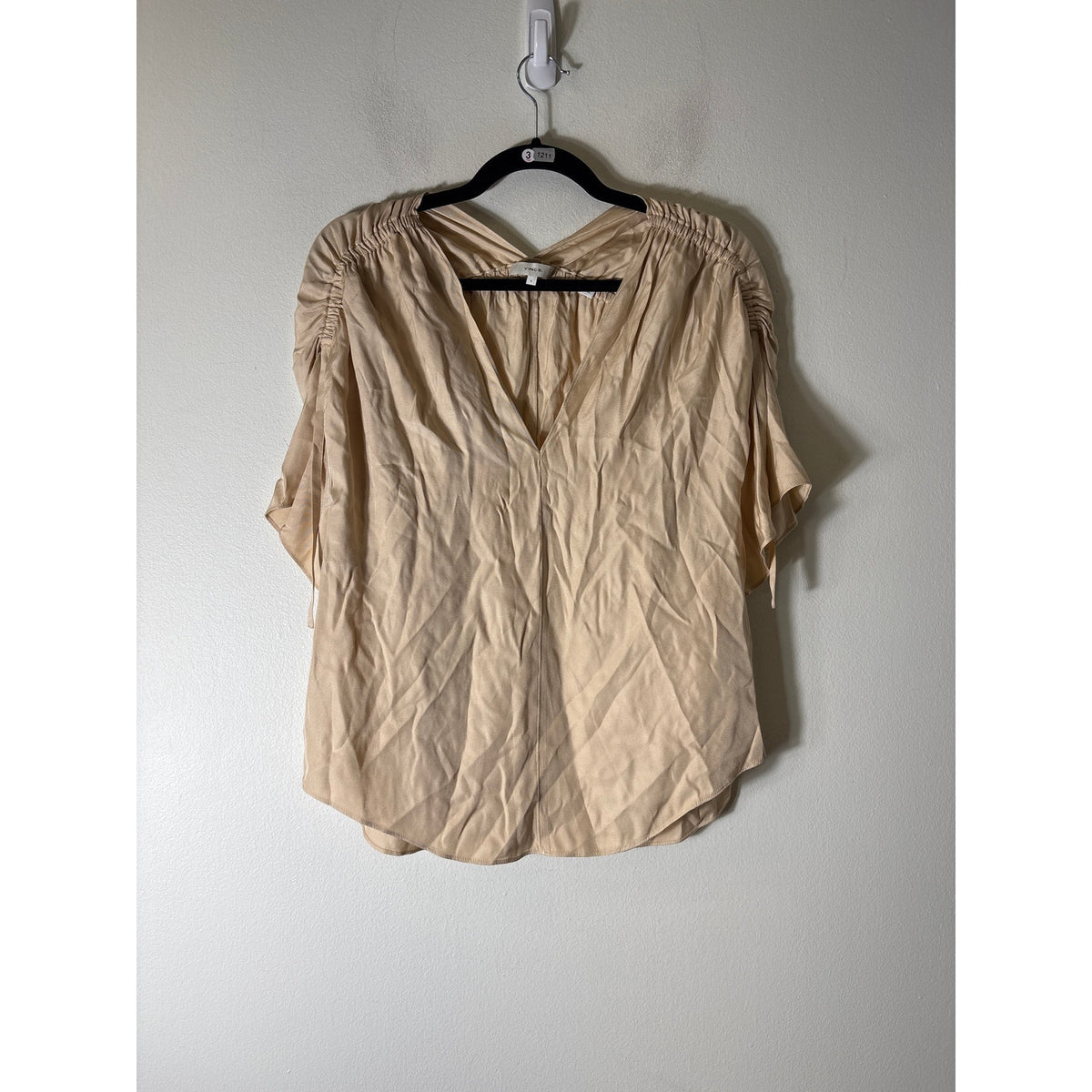 Vince Khaki Silk Blend V Neck Top Sz S