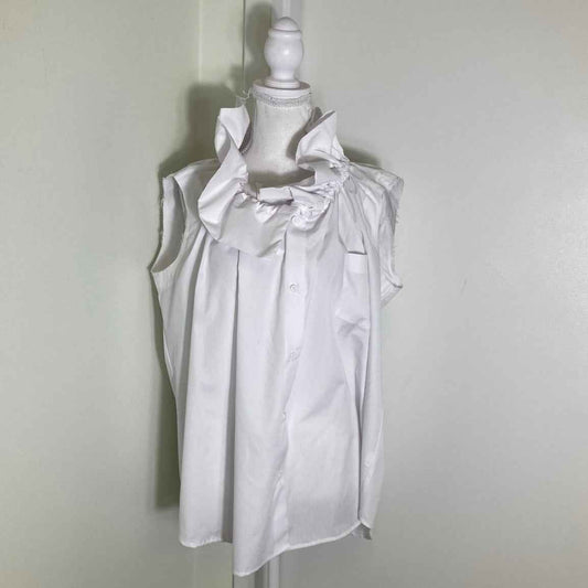 Kate Hewko White Cotton/Poly Sleeveless Ruffle Collar Top Sz L
