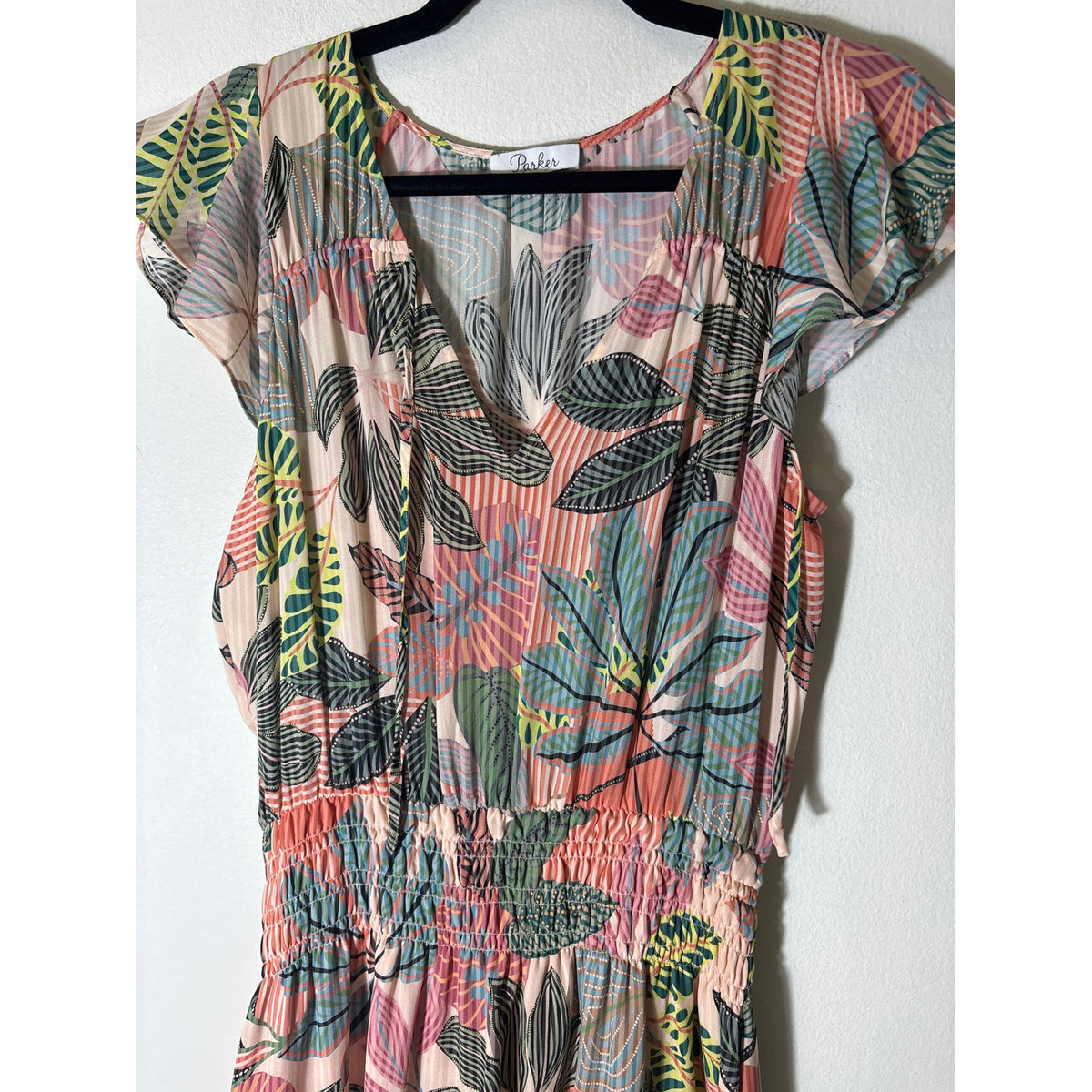 Parker Tropical Floral Smocked Waist Mini Dress Sz M
