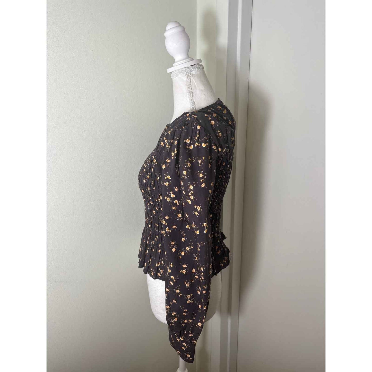 Rails Black Peach Floral Long Sleeve Cotton Smocked Bodice Top Sz S