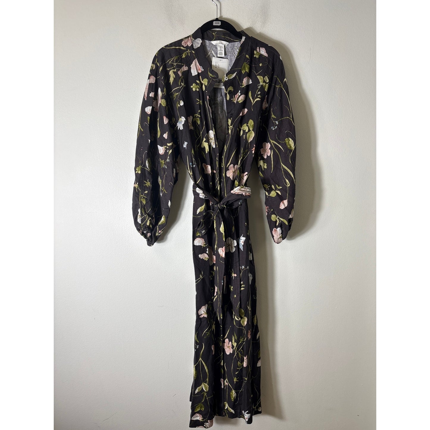 NWT H&M Brown With Florals Linen Blend Button Up Maxi Dress Sz L