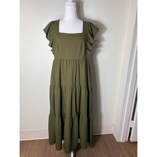 Crosby Olive Green Square Neck Ruffled Sleeveless Straps Midi Tiered Dress Sz M