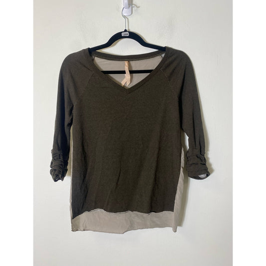 Bailey 44 Dark Gray/Brown Long Sleeve Mixed Media V-Neck Top Sz XS