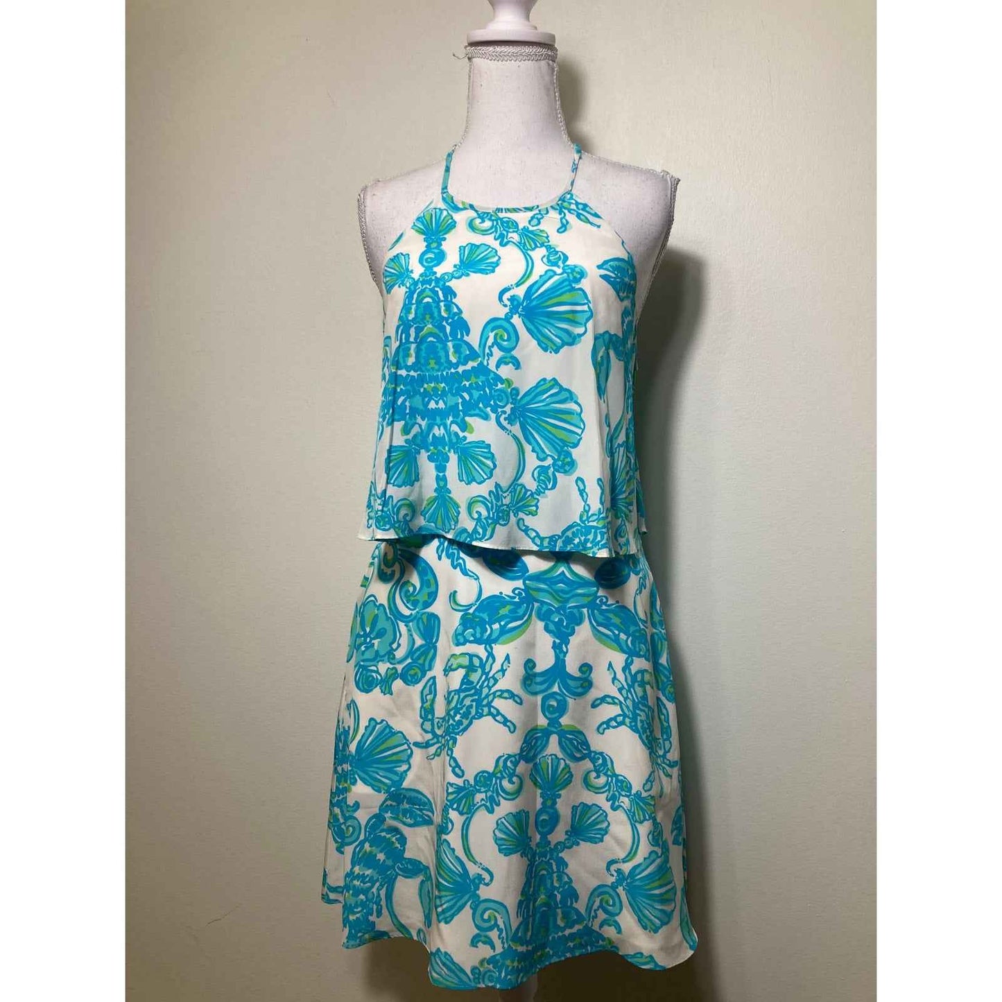 Lilly Pulitzer Blue Green Flowy Mini Dress with Ruffled Top Sz 00