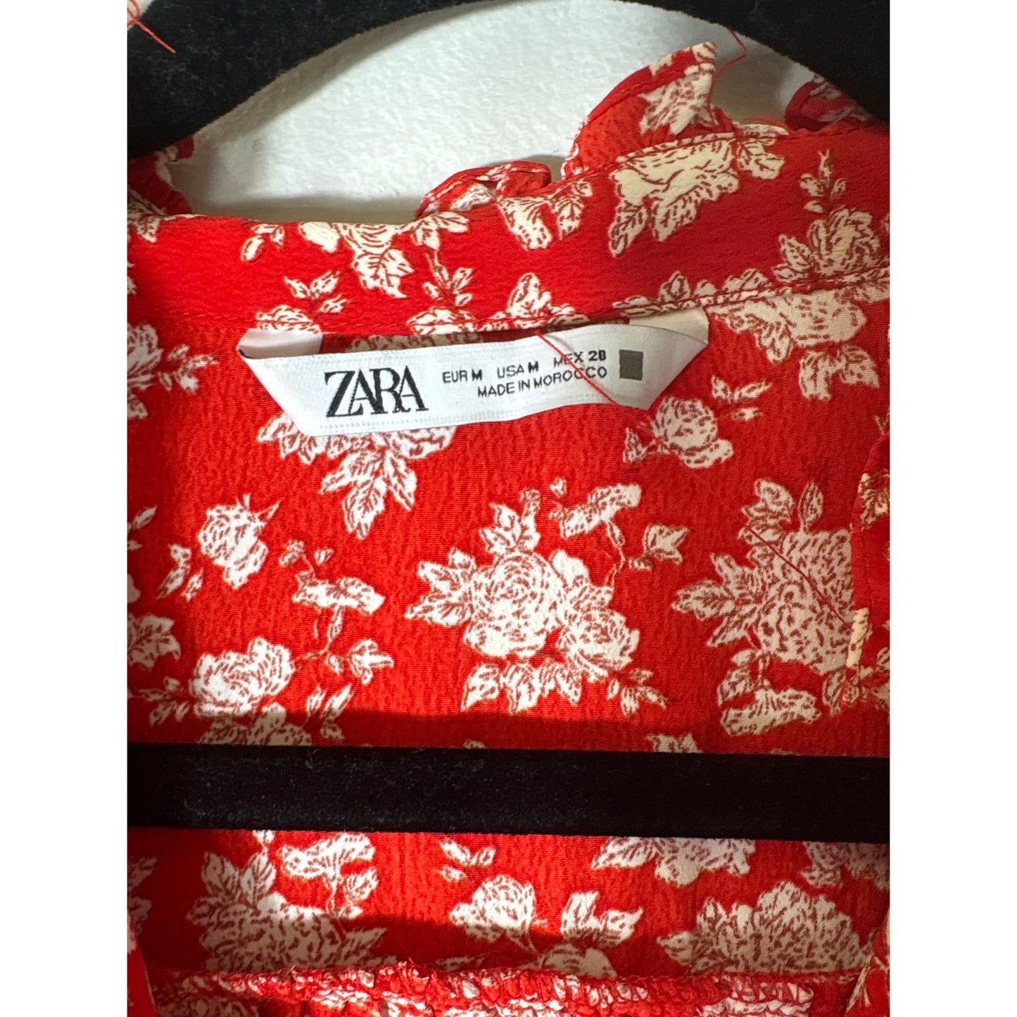 Zara Orange/Red With Cream Rose Long Sleeve Blouse Sz M