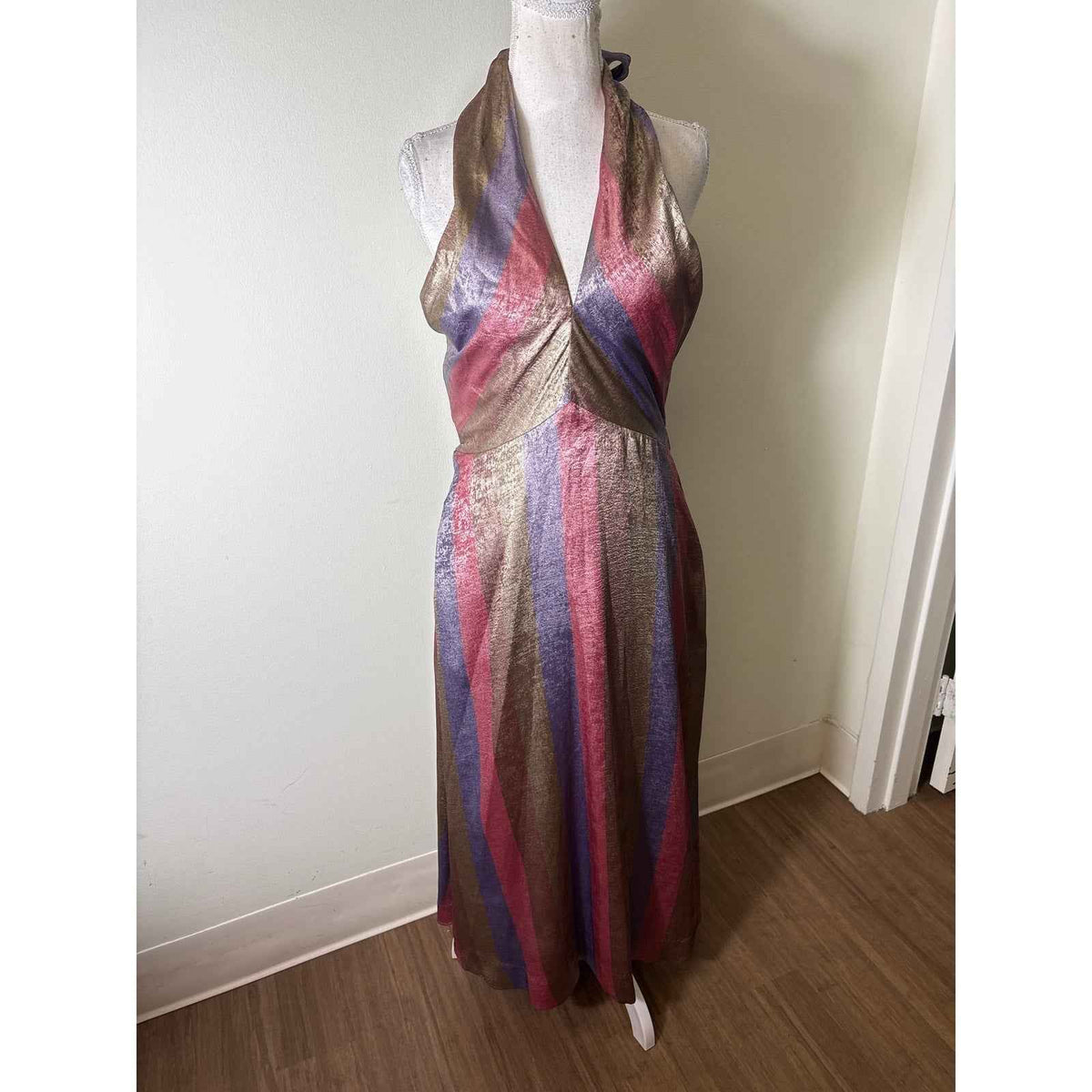 Mestiza Shimmery Pink and Purple Striped Halter Gown Sz 6