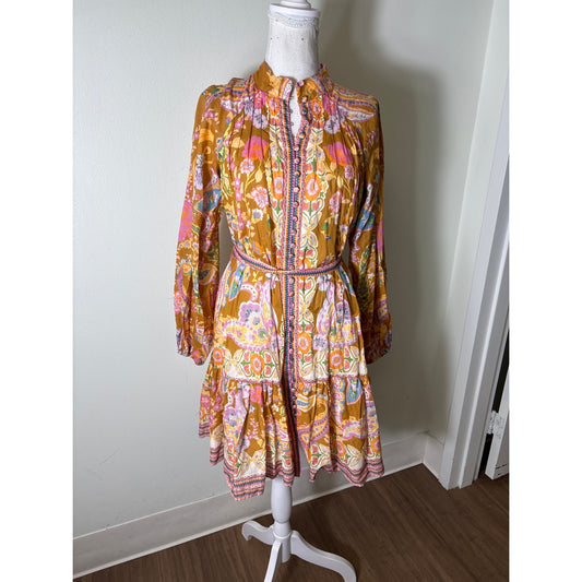 Antonio Melani Golden and Pink Floral Long Sleeve Cotton Mini Dress Sz 2