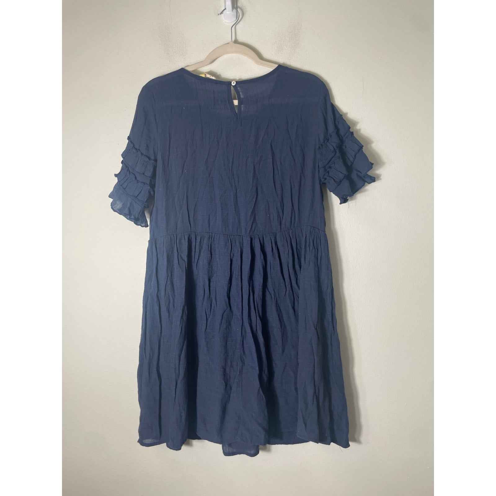 Entro Navy Embroidered Short Ruffle Sleeves Mini Dress Sz L