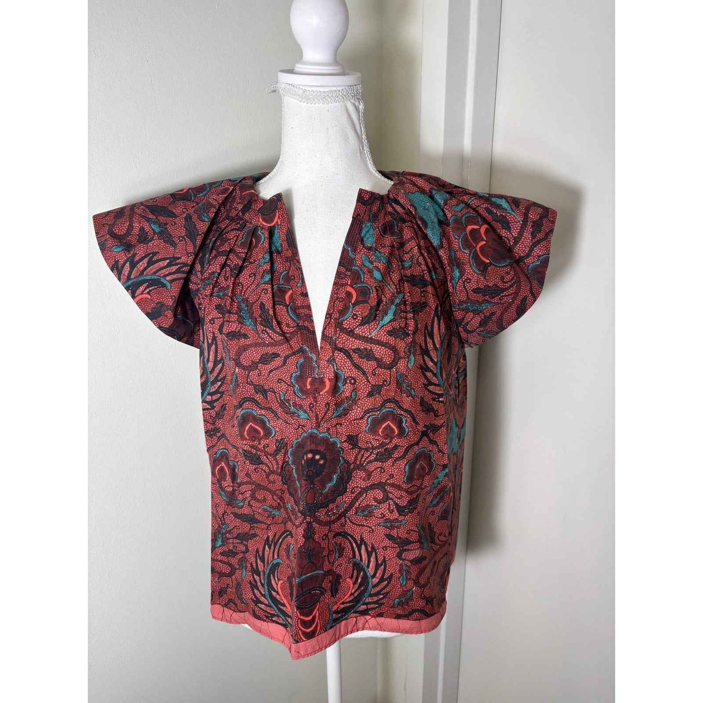 Ulla Johnson Orange Teal Cap Sleeve V-Neck Cotton Top Sz 2