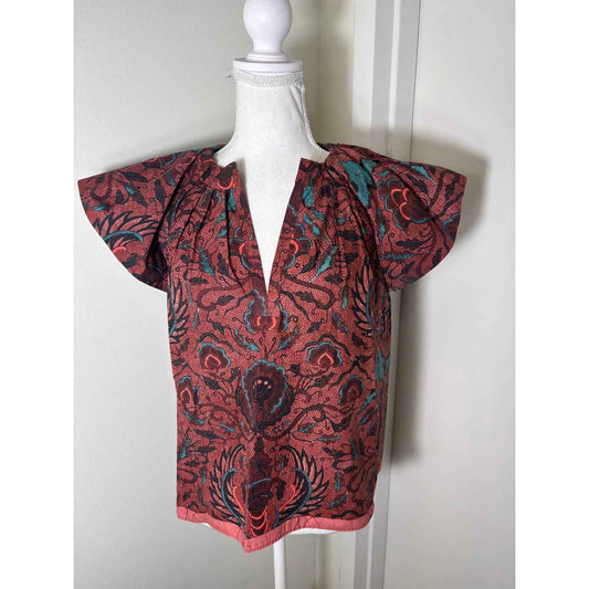 Ulla Johnson Orange Teal Cap Sleeve V-Neck Cotton Top Sz 2