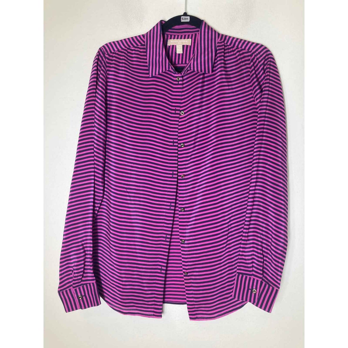 Banana Republic Fushia and Black Strip Silk Button Up Long Sleeve Shirt Sz S