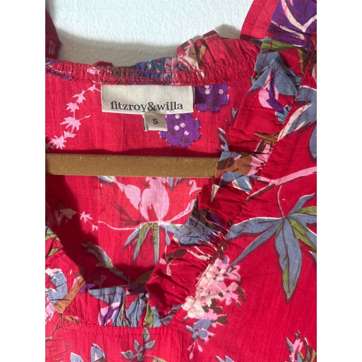 Fitzroy&Willa Red Floral Wide Half Sleeves Cotton Maxi Dress Sz S