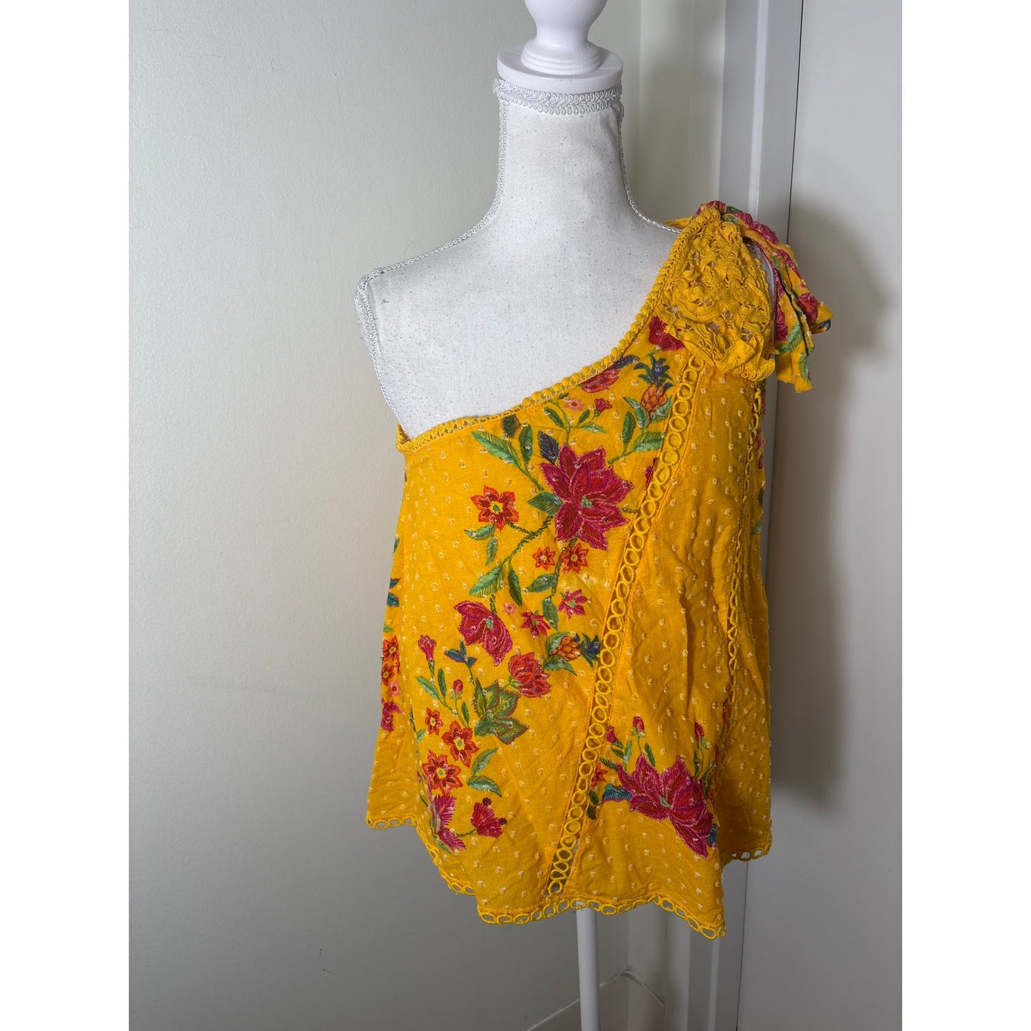 Farm Rio Golden Yellow and Fushia Floral Print One Shoulder Mini Skirt Set Sz S