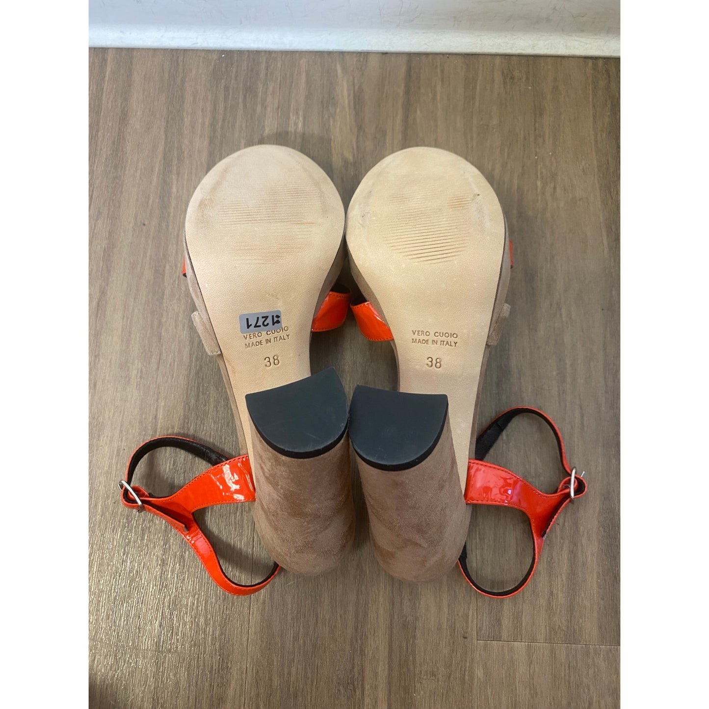 Prezios Rose Suede with Orange Patent Leather Straps "Camoscio Rose" Sz 38 (7.5)