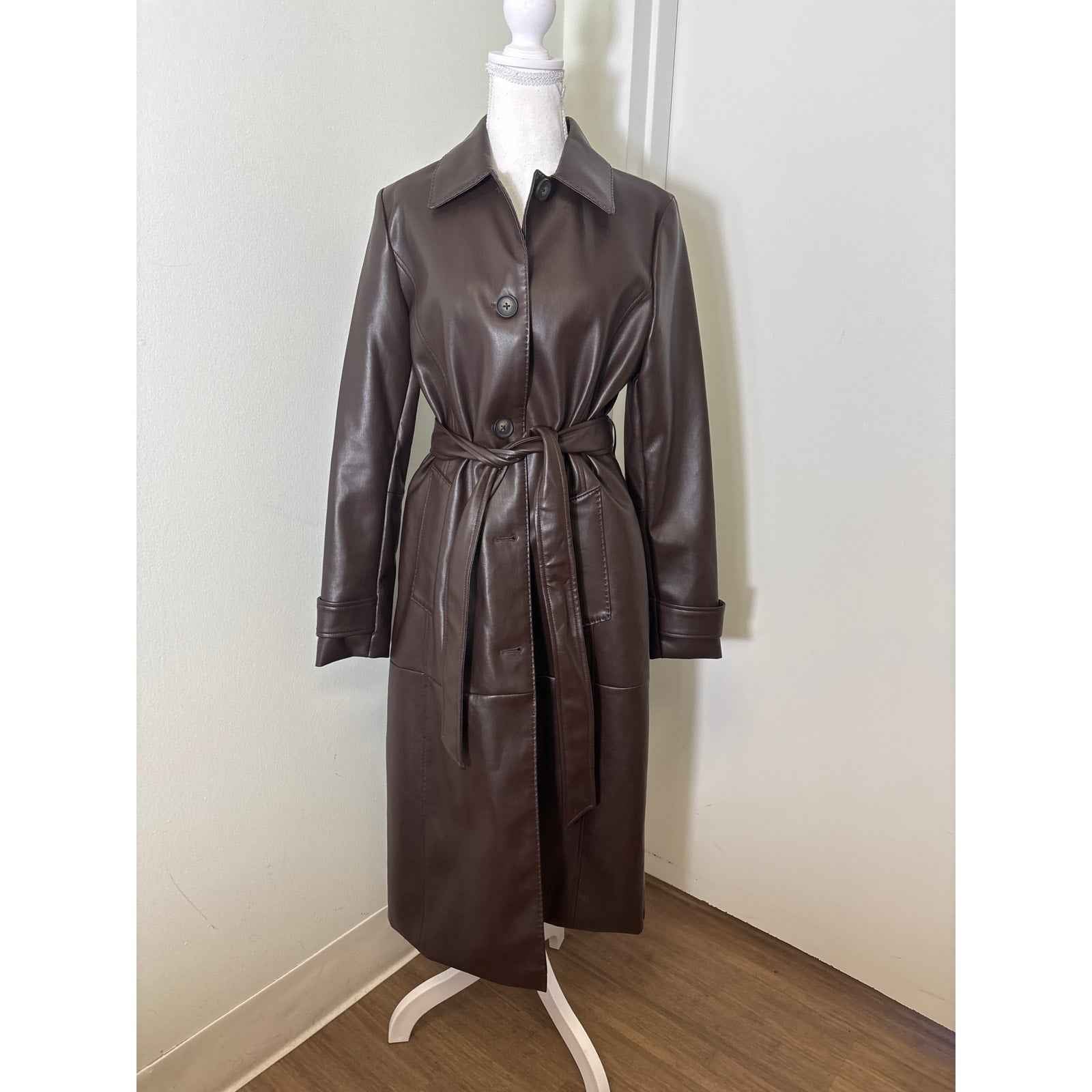 DKNY Chocolate Brown Faux Leather Long Sleeve Full Lenth Coat Sz S