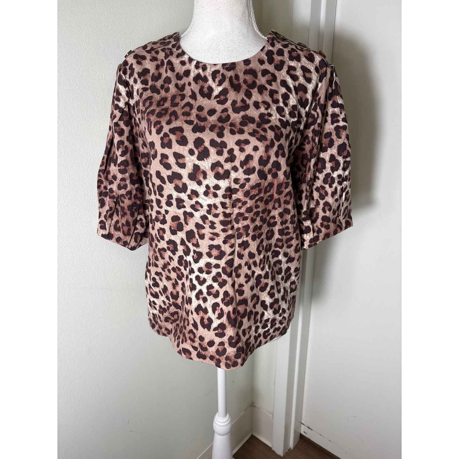 NWT Rebecca Minkoff Tan Cheetah Half Puff Sleeve "Devin Top" Sz S