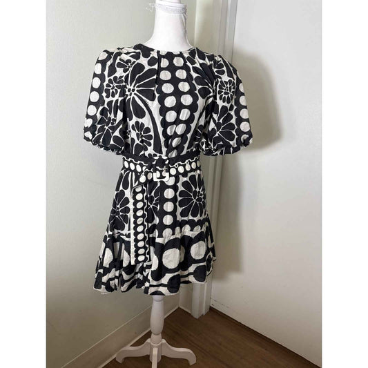 Farm Rio Black and White Bold Print Half Puff Sleeve Cotton Dress Sz M