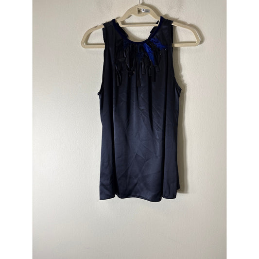 Tahari Navy and Black Feather Neckline Sleeveless Top Sz M