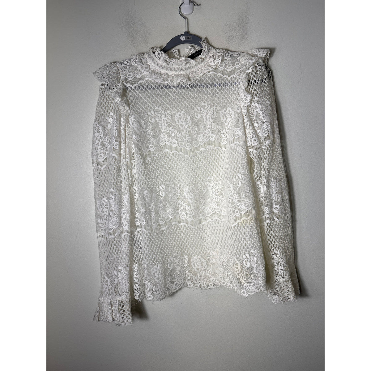 BCBG Crisp White Long Sleeve High Collar Lace Shirt Sz S