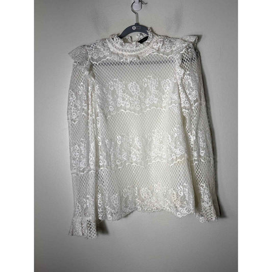 BCBG Crisp White Long Sleeve High Collar Lace Shirt Sz S