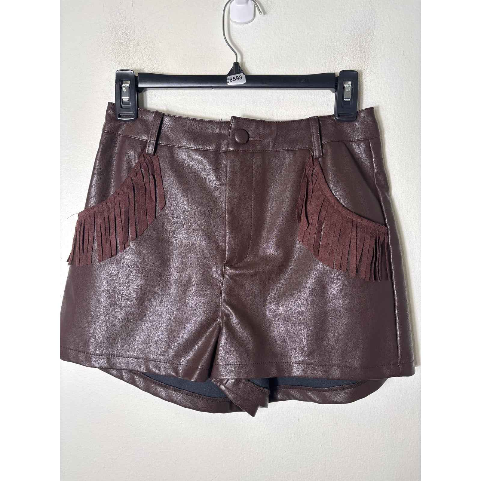 Kittenish Brown Fringe Faux Leather Shorts sz S