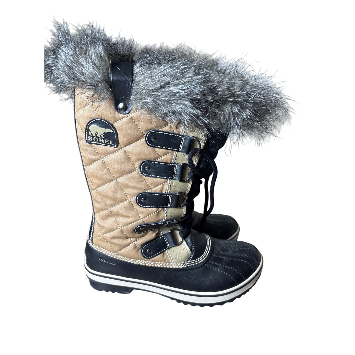 Sorel Tan and Black High Lace Up Quilted Fur Trimmed Boots sz 8