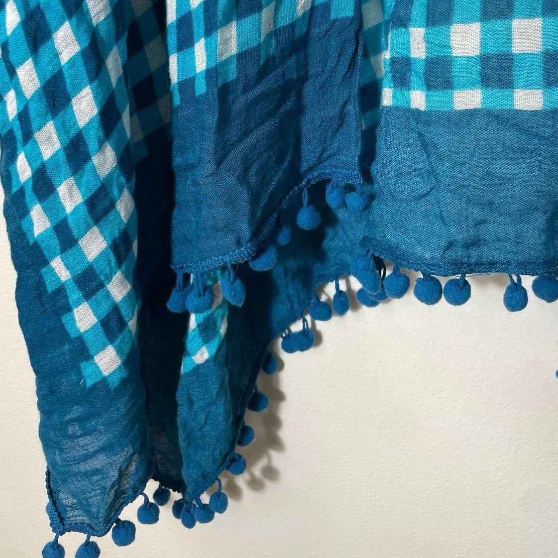 Shiraleah Blue Plaid Vest With Pom Poms