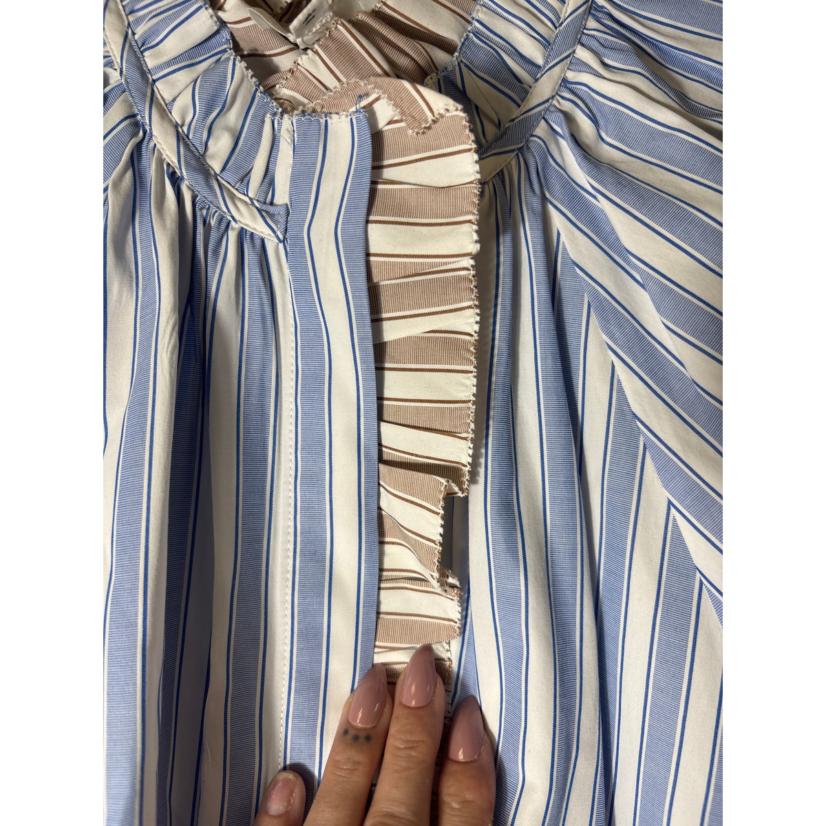 Sundays Blue Tan Stripe Cap Sleeve Button Up Ruffled High Collar Sz S