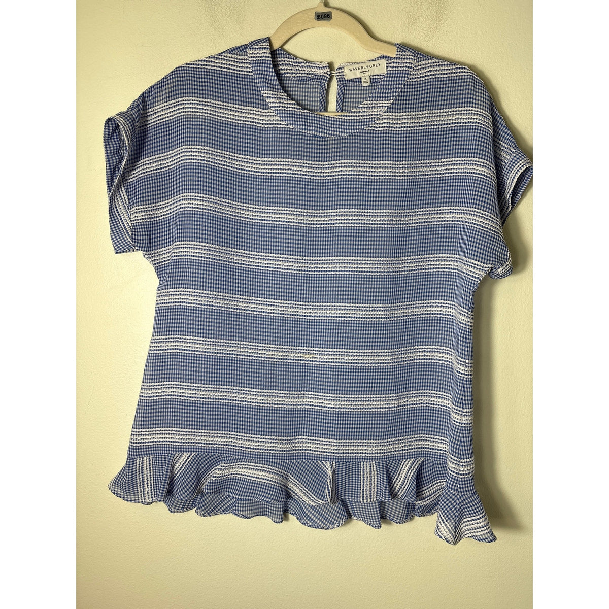 Waverly Gray Blue Gingham Sheer Cap Sleeve Shirt Sz S