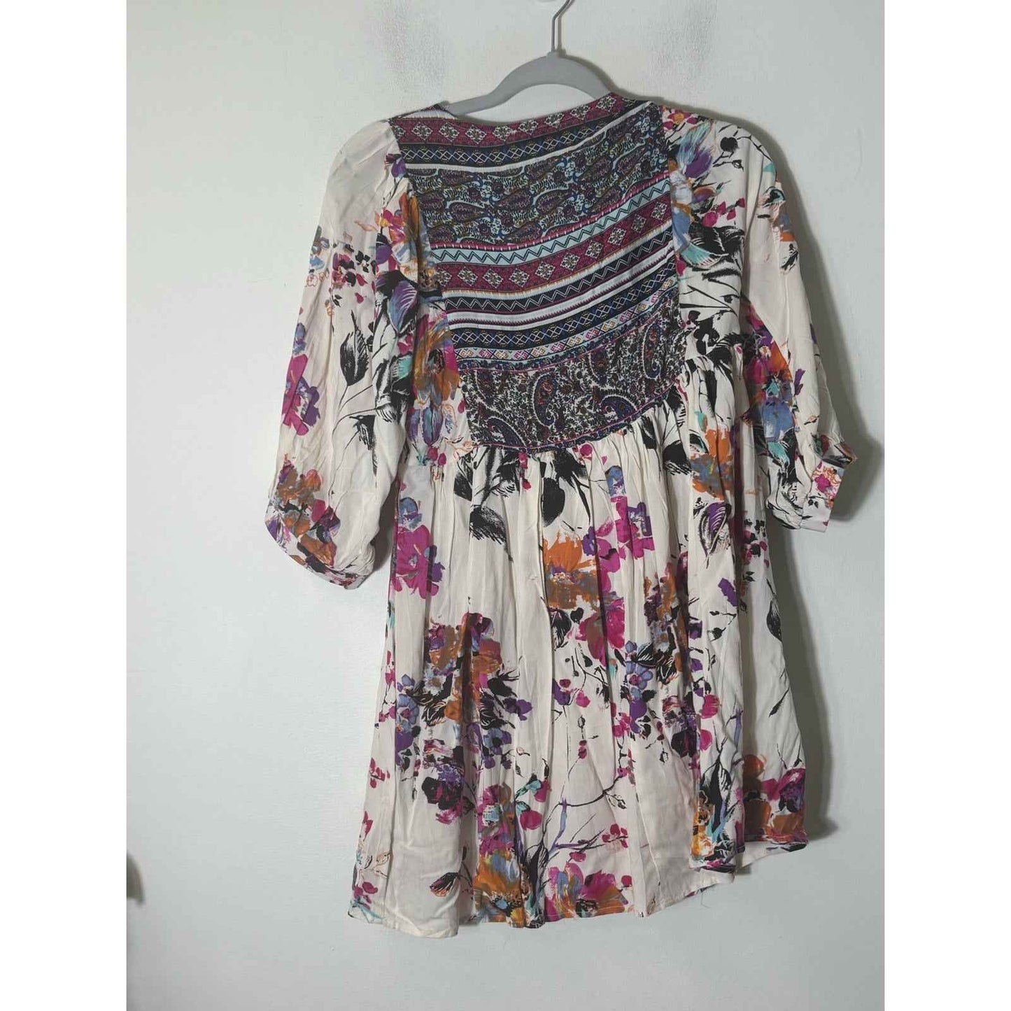 Umgee Multicolor Floral 3/4 Bubble Sleeve V Neck Mini Dress Sz S
