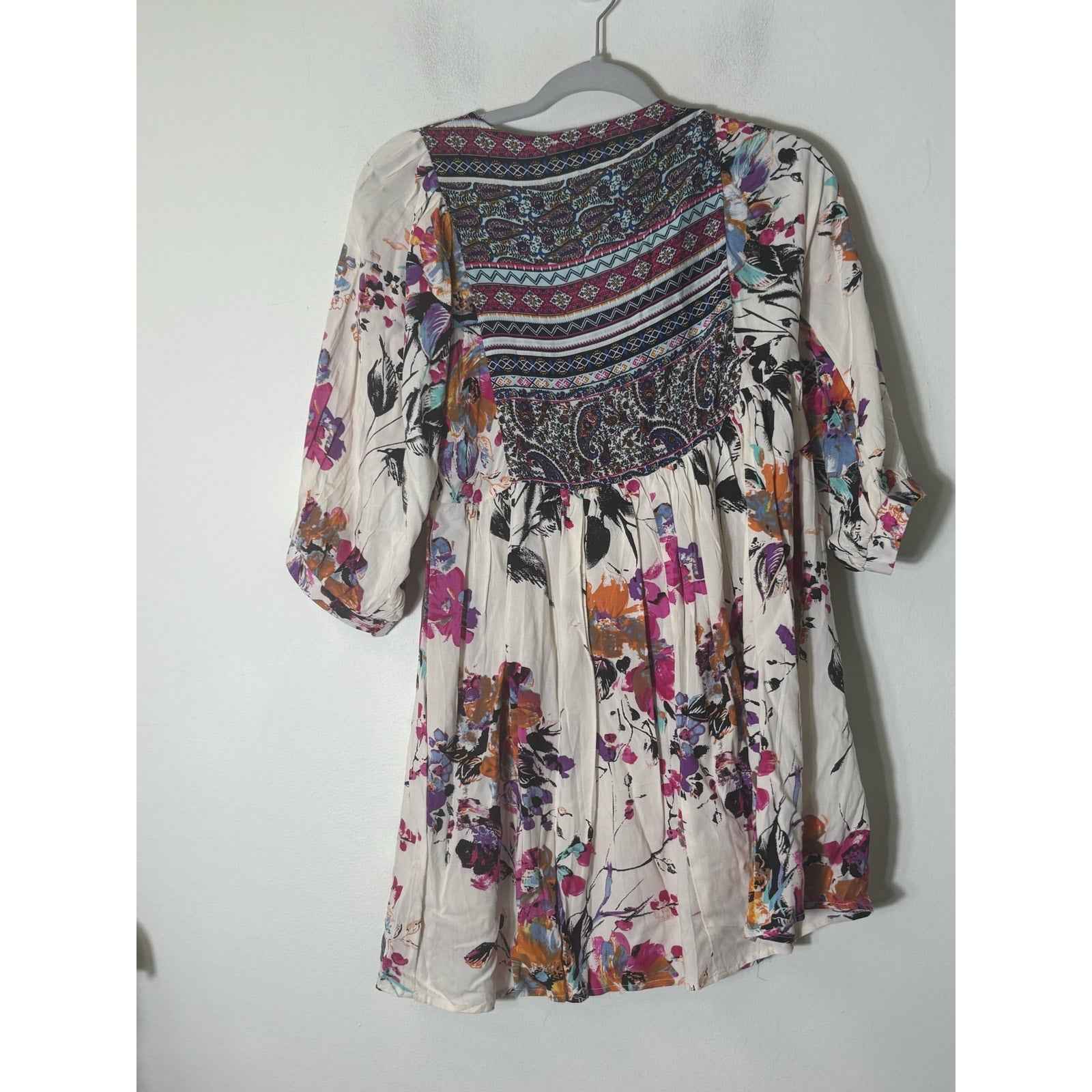 Umgee Multicolor Floral 3/4 Bubble Sleeve V Neck Mini Dress Sz S